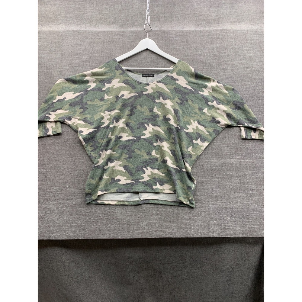 Kim & Cami Blouse Top Women XL Green Camouflage Casual Dolman Batwing Scoop Neck